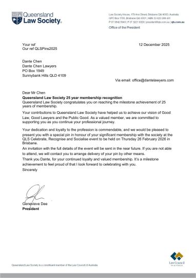 陳亮廷律師獲昆士蘭律師公會 25 週年會員表彰